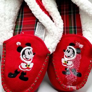 Disney Mickey Mouse Christmas Holiday Slippers Fuzzy Candy Cane Red & White NWT